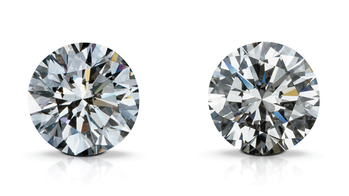 人造钻石（左）和天然钻石（右）在肉眼看来可能完全相同。